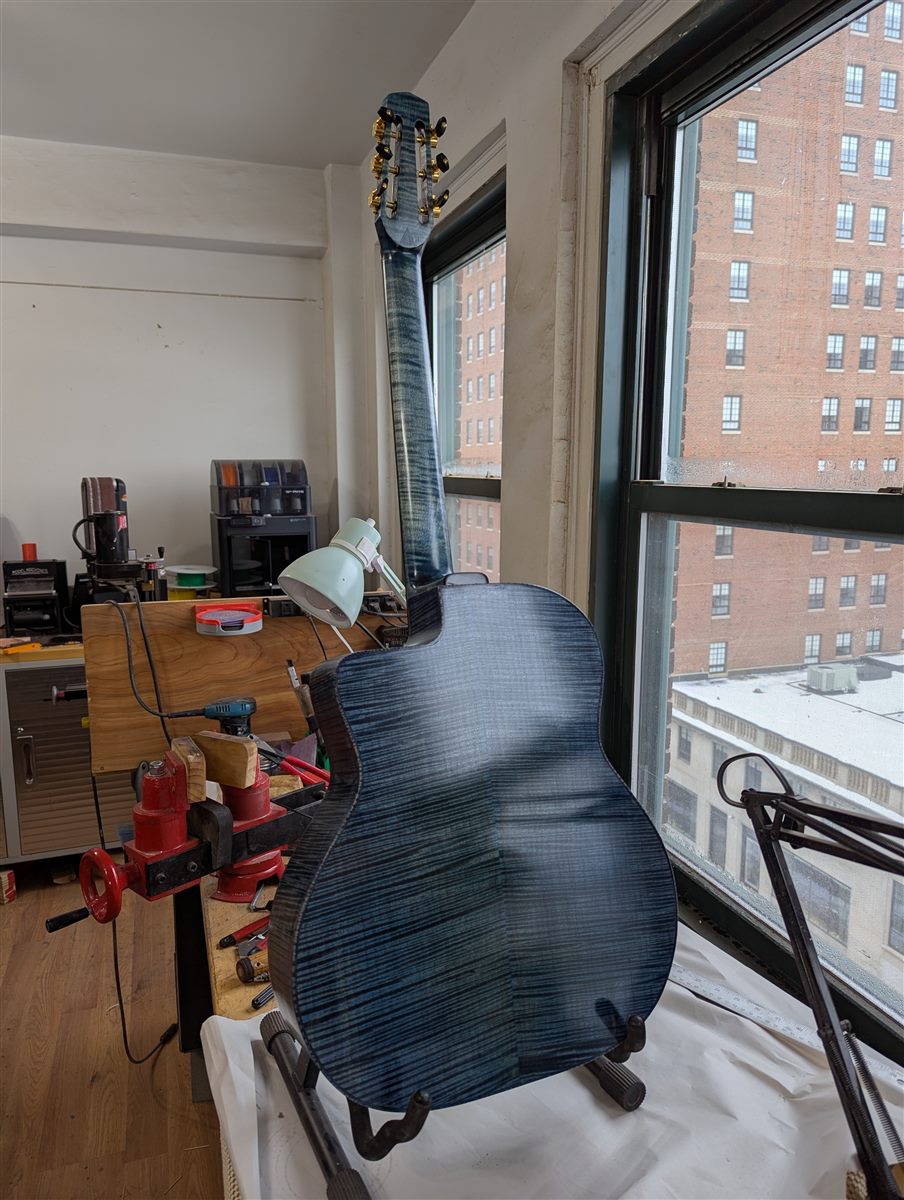 Back of the Blue Selmer guitar showing flamed blue-stained maple, studio window in the background.
