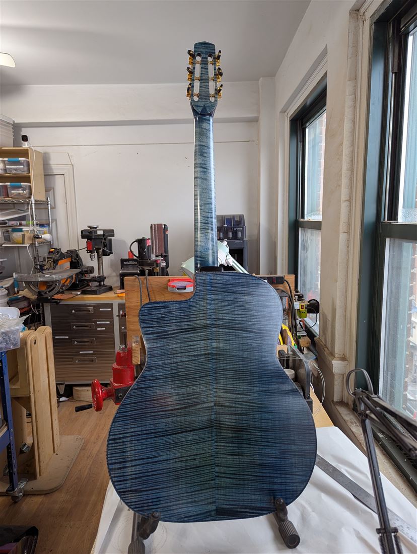 Additional detail view of the Blue Selmer guitar's body and finish.