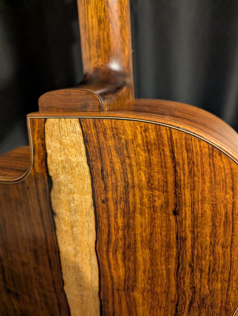 Detail of the neck heel joint on the Granadillo guitar.
