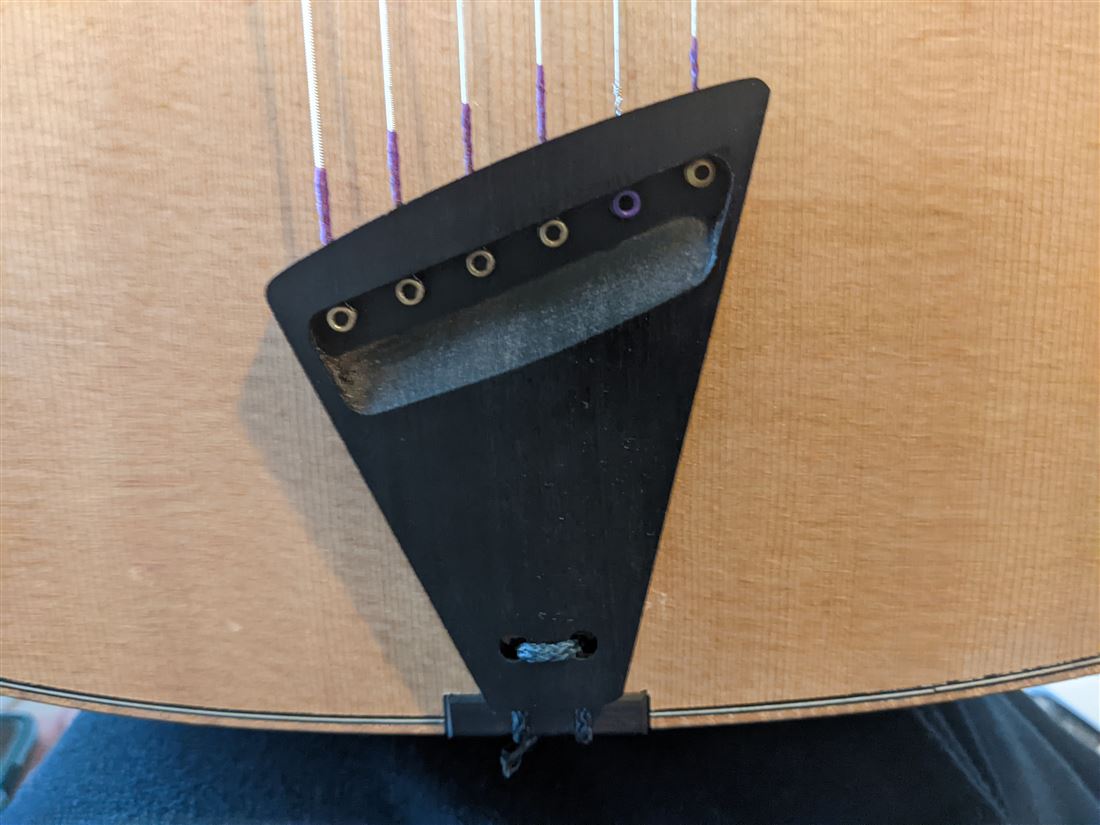 Detail of the bridge and pins on the Jimmy guitar.