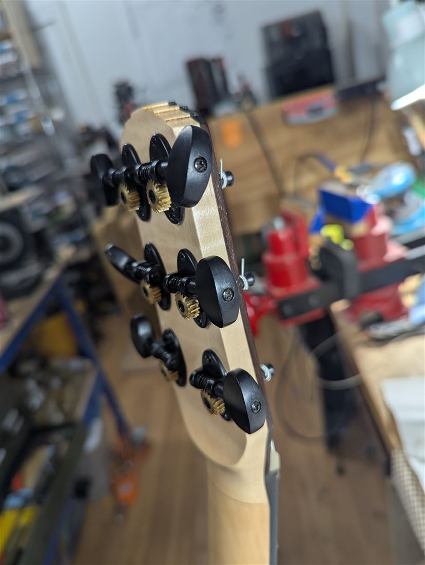 Detail of the neck heel joint on the Jimmy guitar.