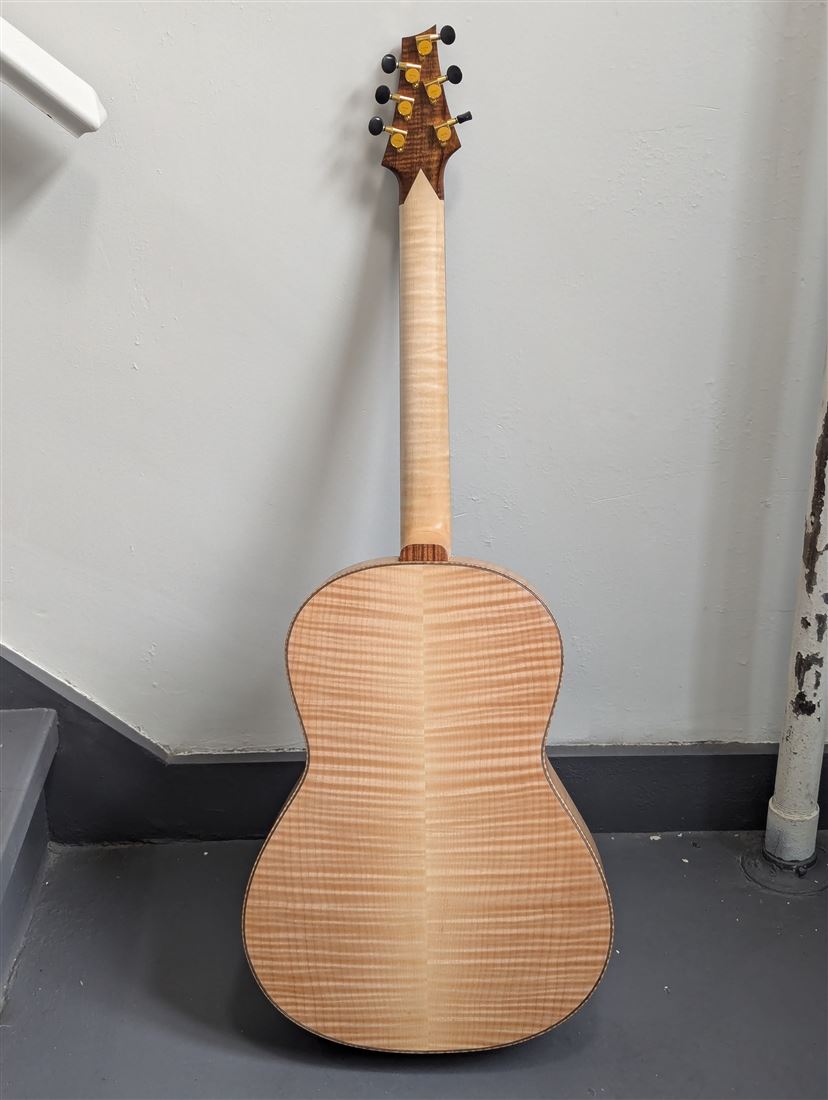Neck heel and back detail of the Maple Steel guitar.