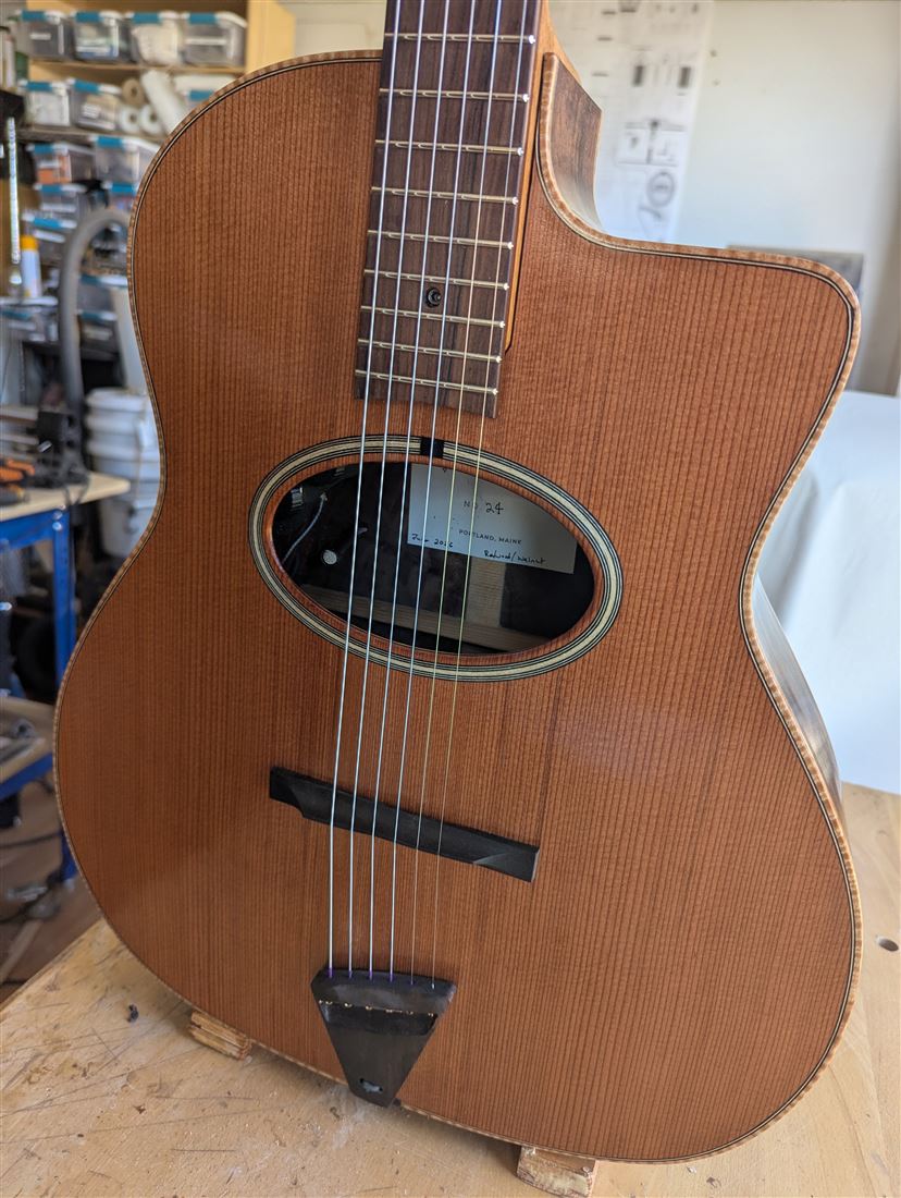 Back of the New Walnut guitar leaning against a workshop wall.
