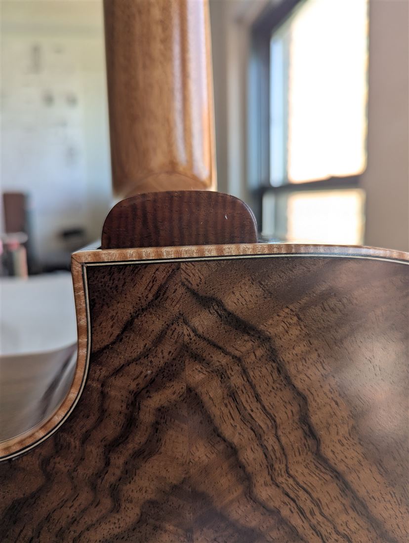 Detail of the neck heel joint on the New Walnut guitar.