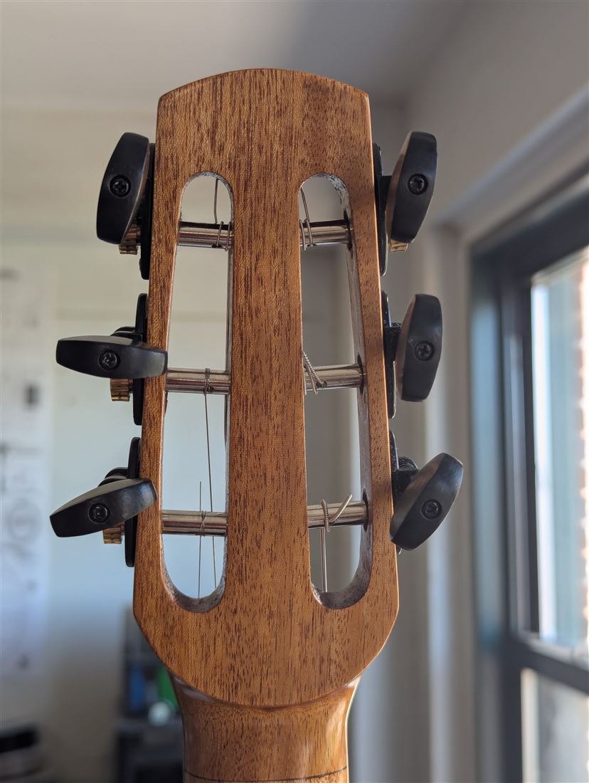 Full front view of the New Walnut guitar.