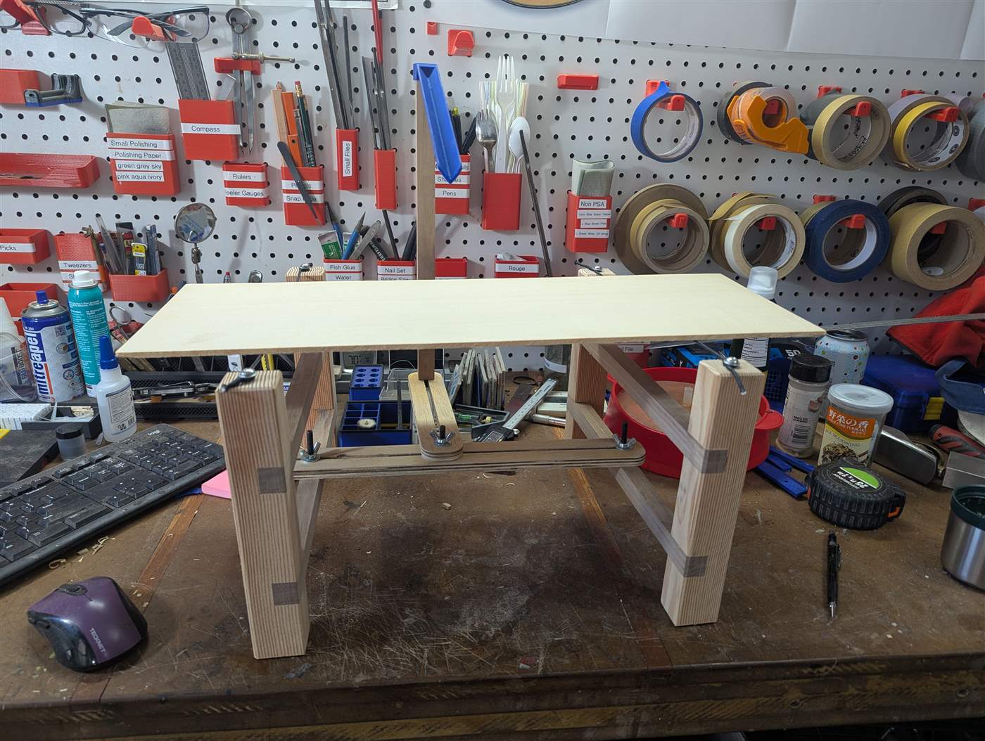 Giuliano Nicoletti's TPC tonewood testing jig on the workbench.