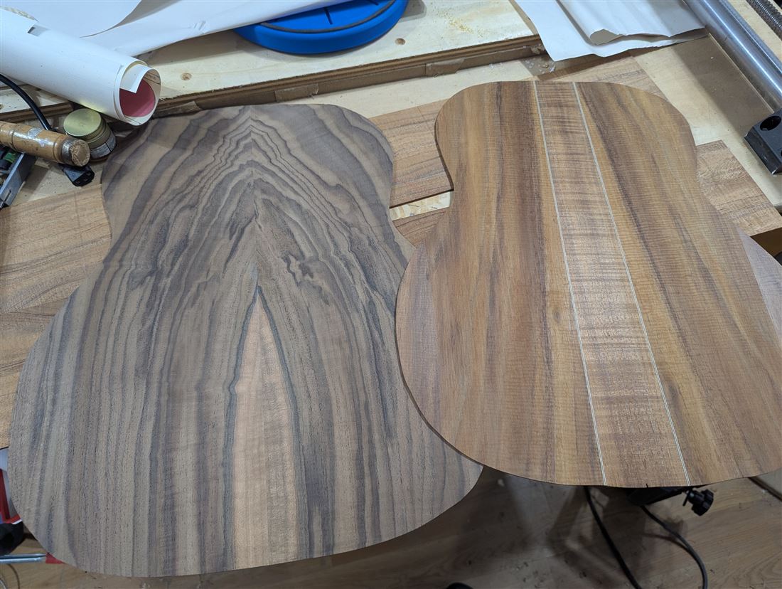 Walnut and koa guitar backs after joining.
